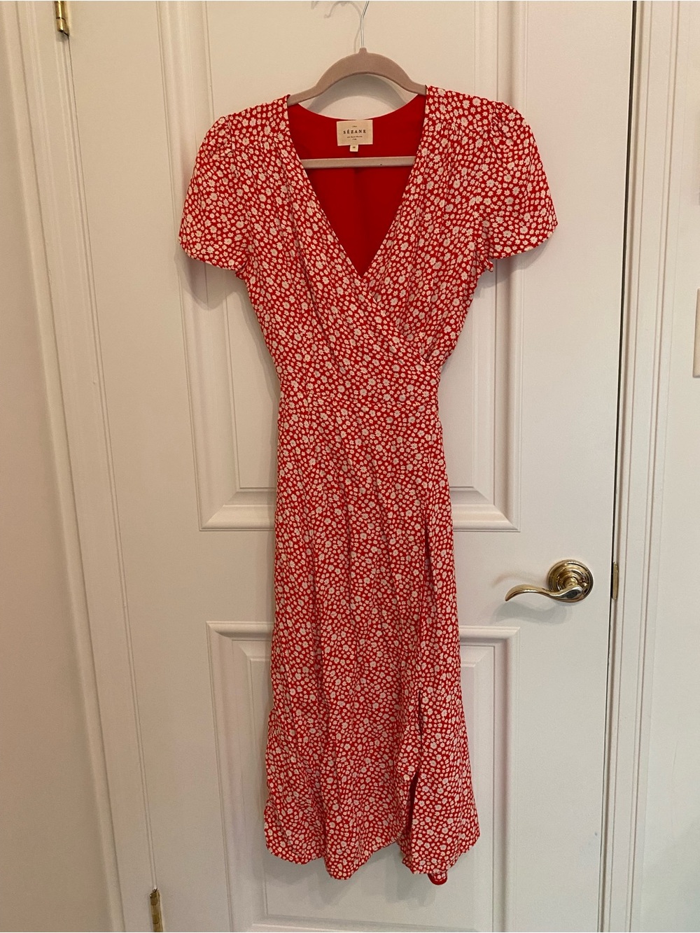 Sezane Red and White Floral Wrap Midi Dress